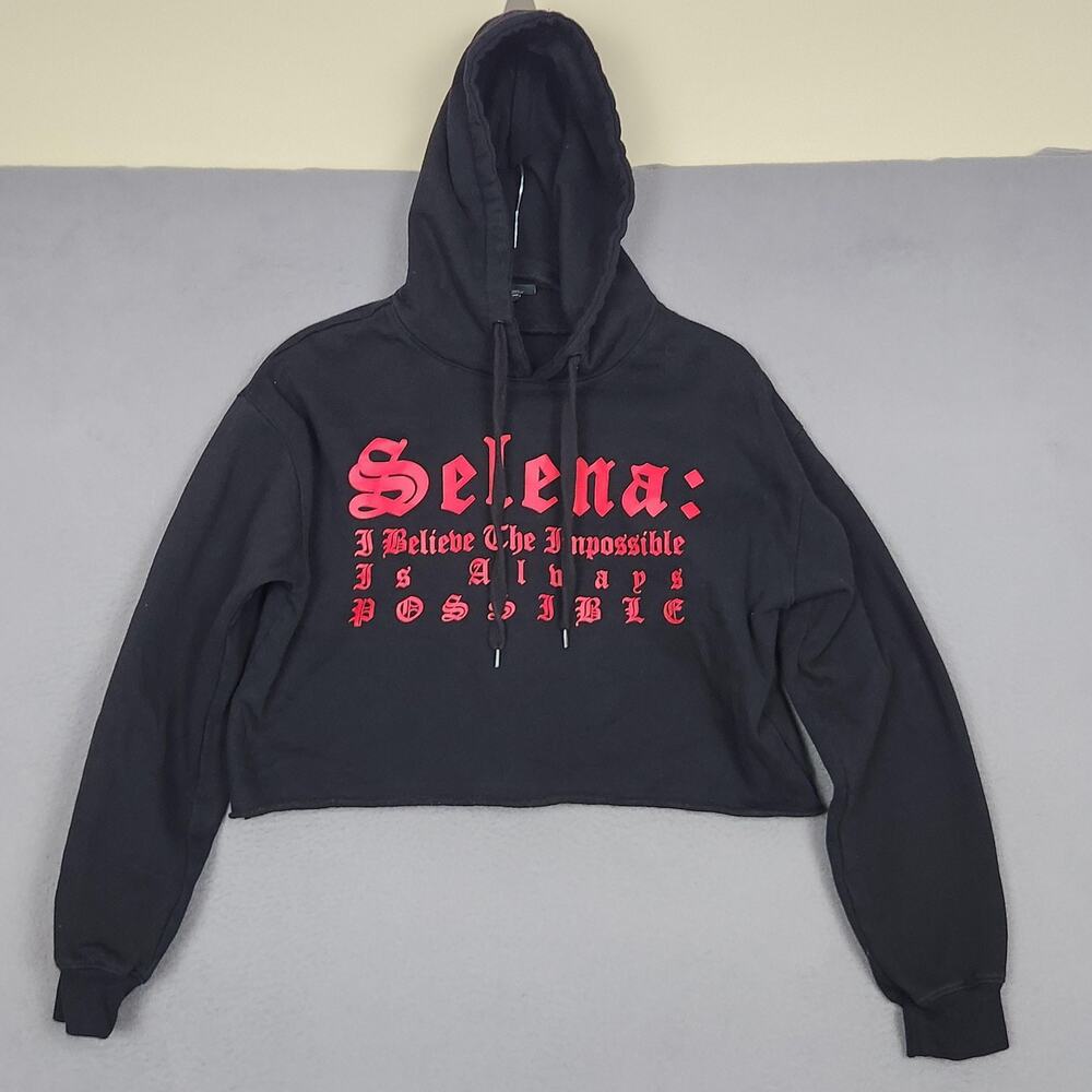 Selena Hoodie Womens Medium Black Cropped Sweatshirt I Believe Quote Text 2019